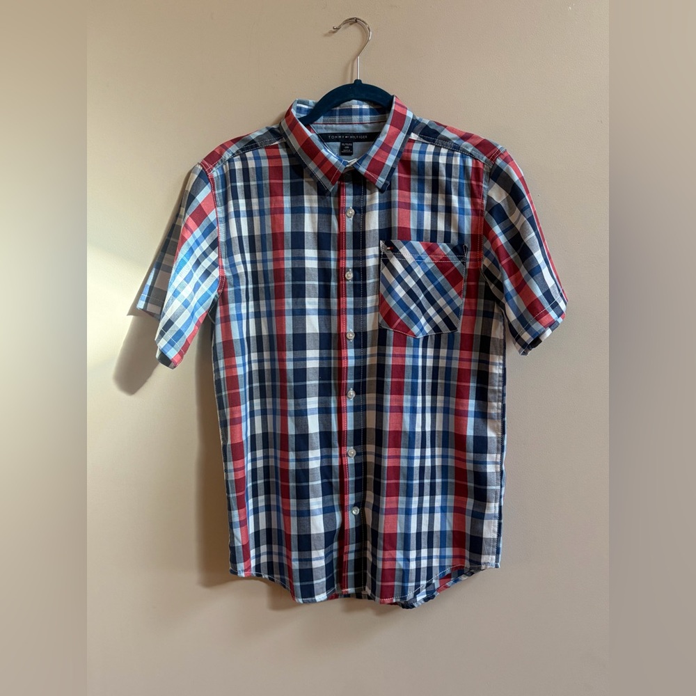 Tommy Hilfiger Short Sleeve Checkered Plaid Button Up Shirt